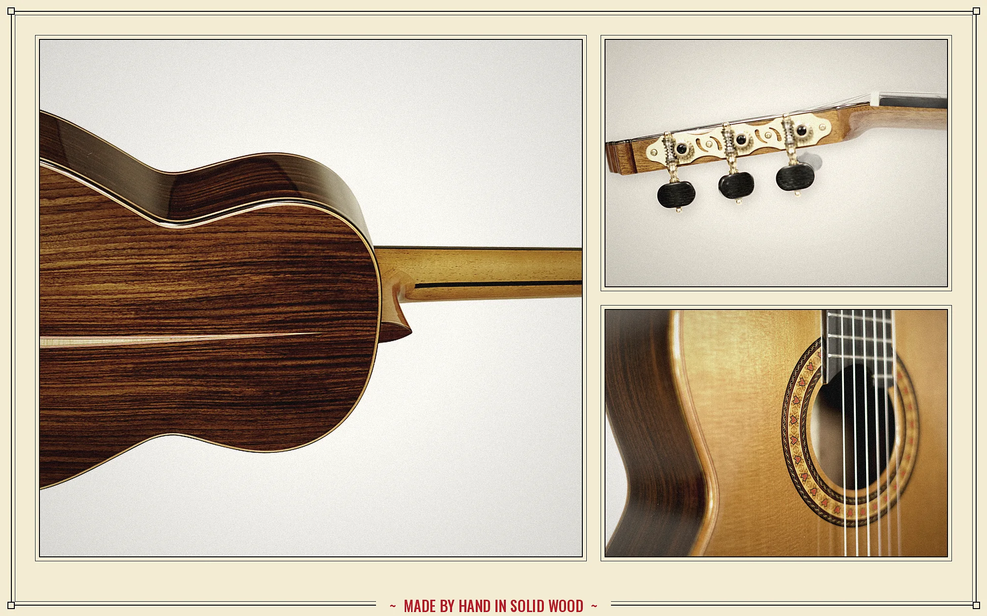 Collage of Arrius workmanship: rosewood back, gold machine heads and mosaic rosette