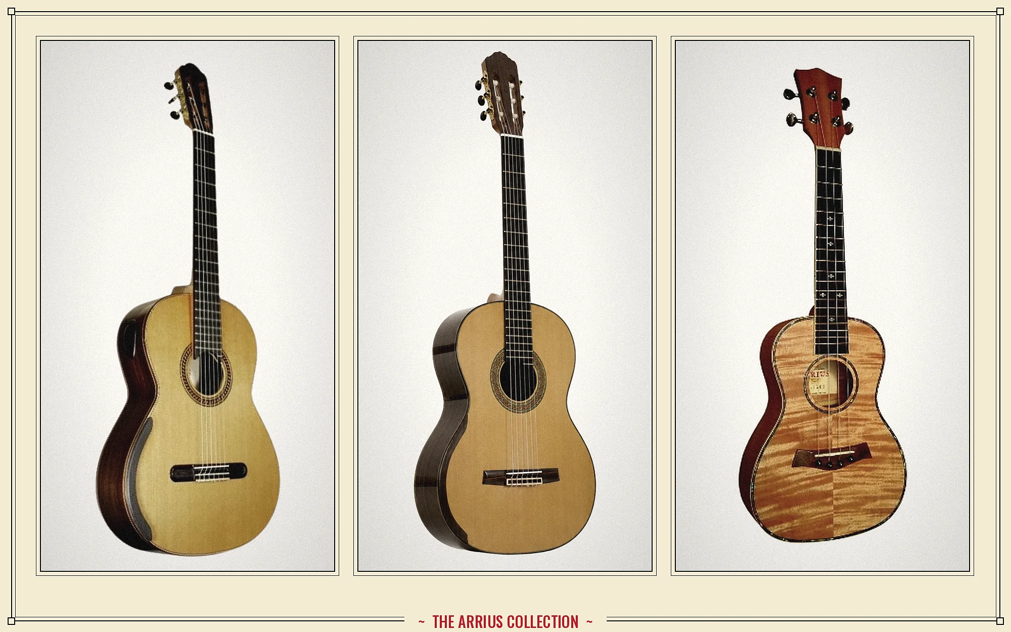 Collage of the Arrius collection: S-1000 and MPR-5000 classical guitars and the UK-1500 ukulele