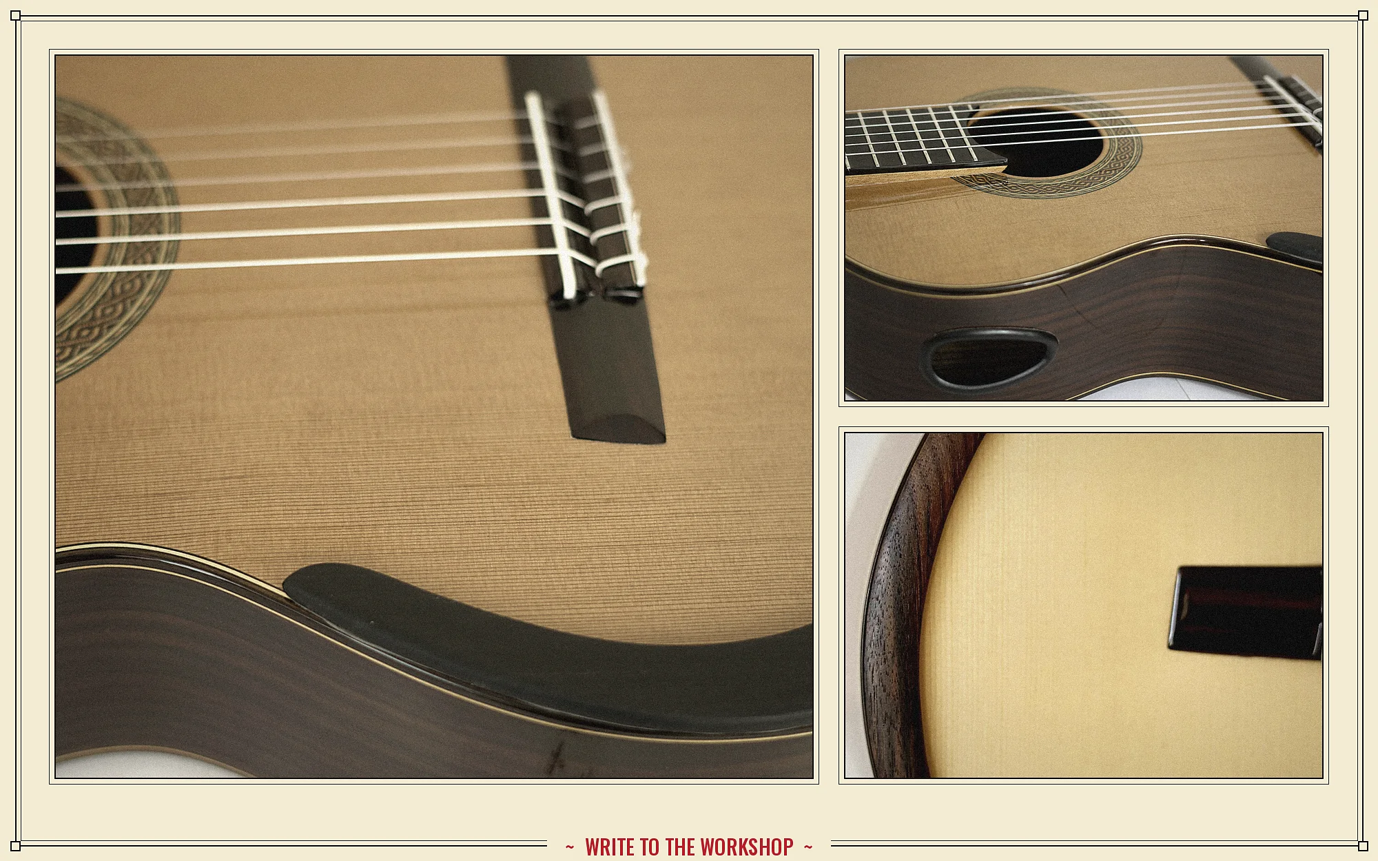 Collage of Arrius details: ebony armrest, side resonance port and lower bout