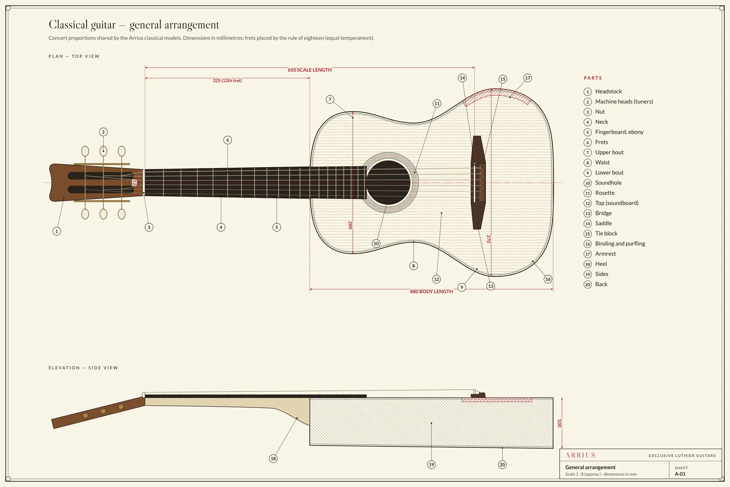 Technical drawing of a classical guitar, plan and side elevation, with 20 named parts and concert dimensions