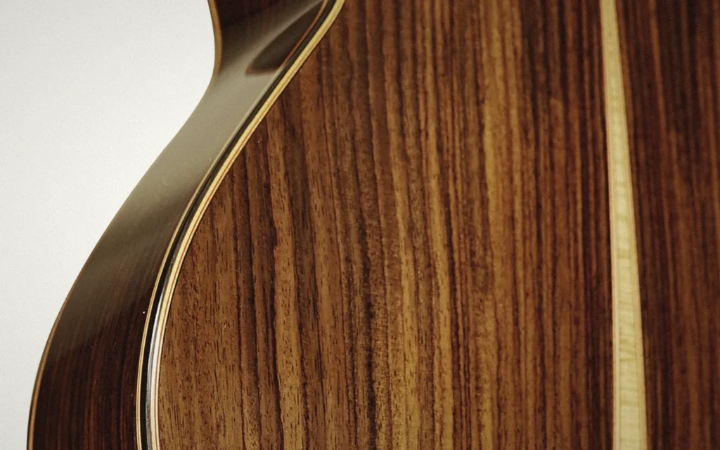 Seasoned figured rosewood on the back of an Arrius classical guitar