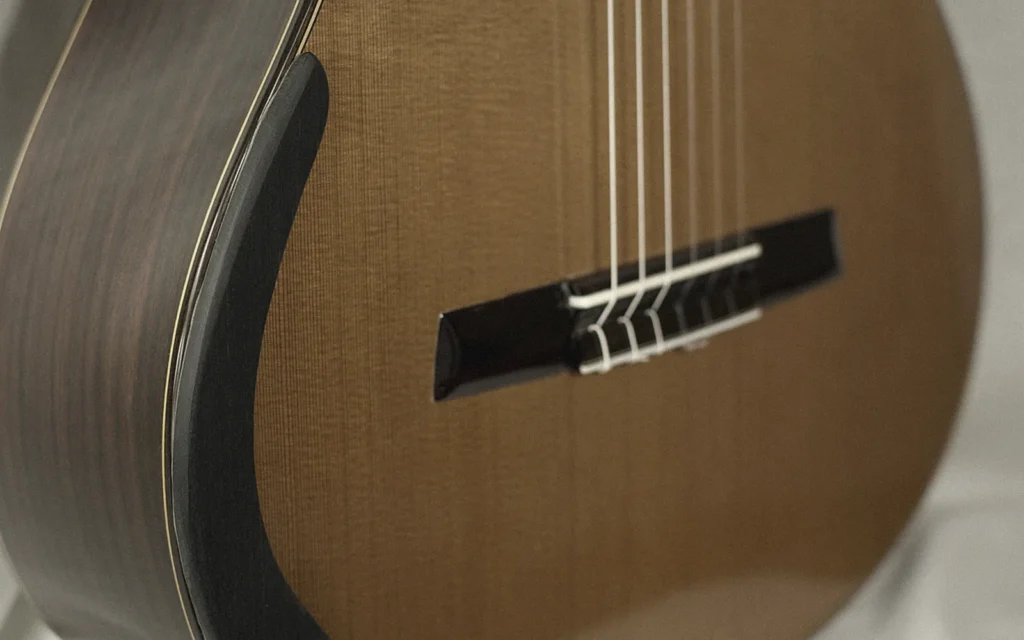 Solid cedar top and rosewood side of an Arrius classical guitar