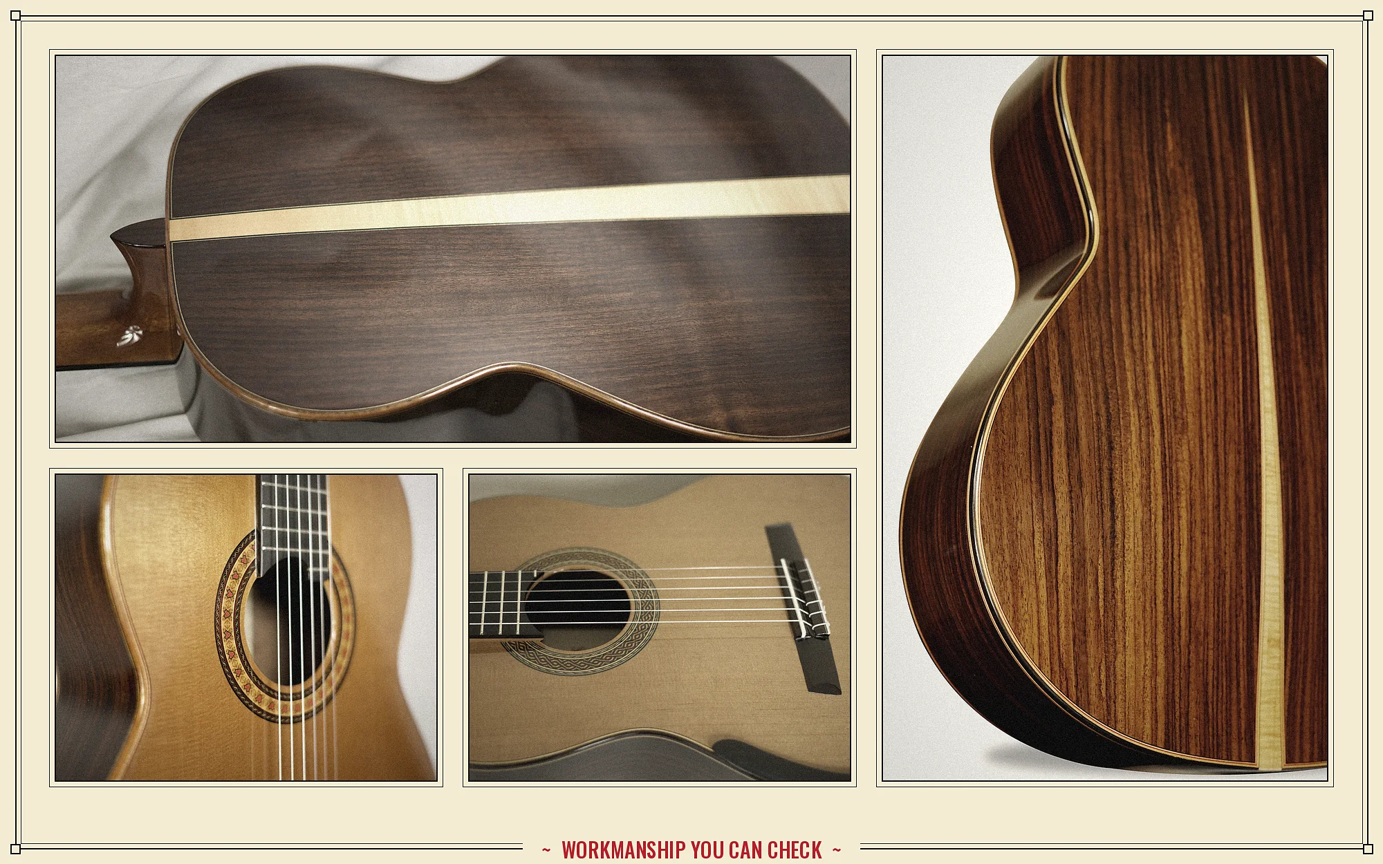 Collage of details that mark a genuine Arrius: back with maple strip, rosette, bridge and bound rosewood back