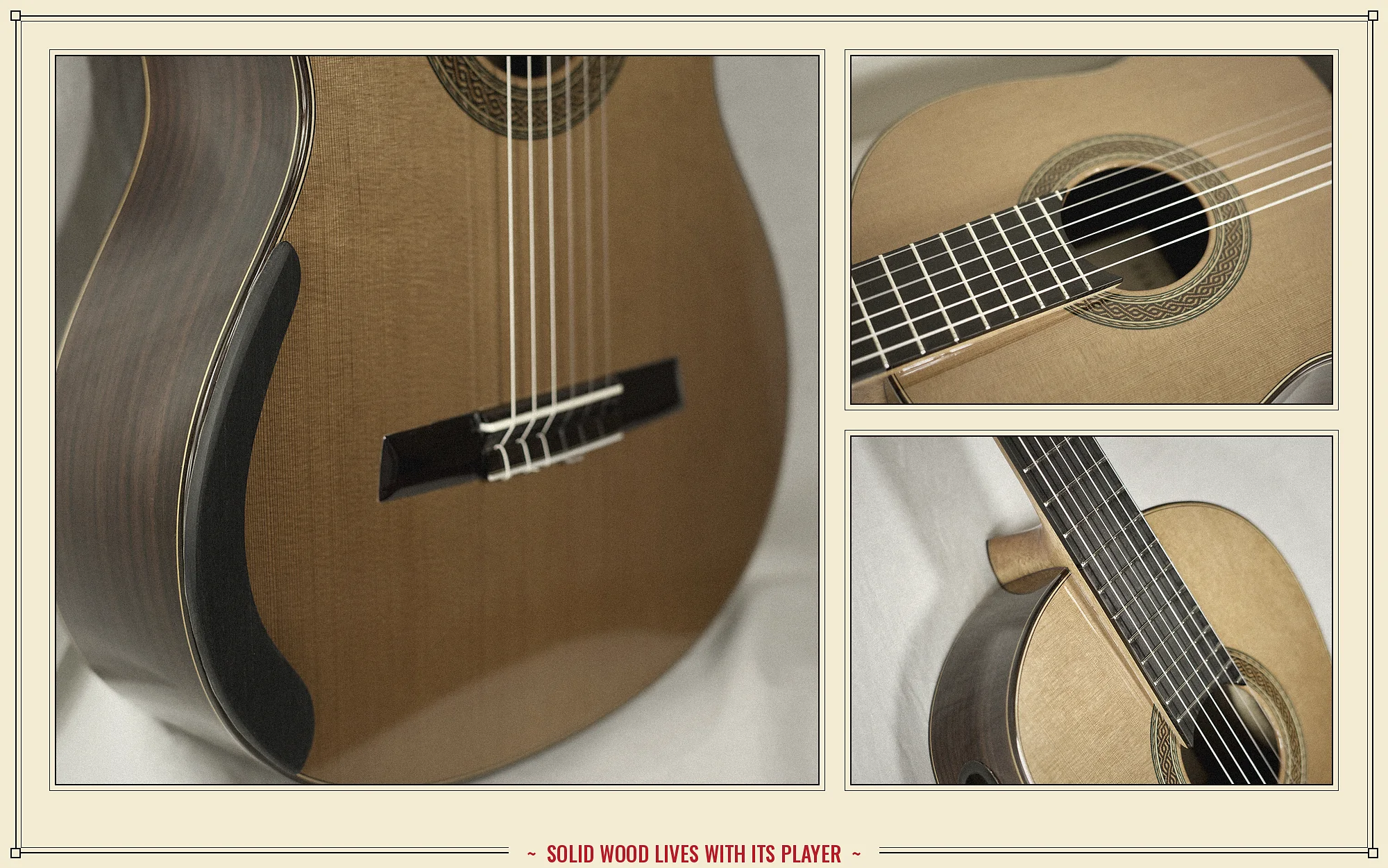 Collage of solid wood details: cedar top with armrest, fingerboard and rosette, cedar top and rosewood side