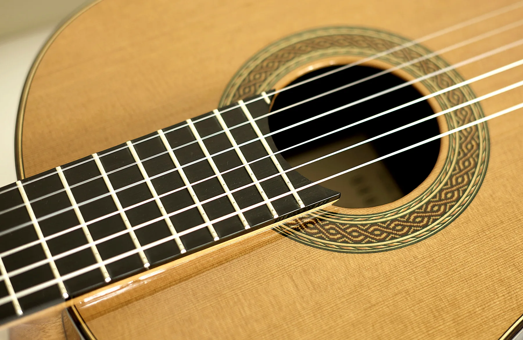 Raised ebony fingerboard of the Arrius MPR-5000 above the cedar top and rosette